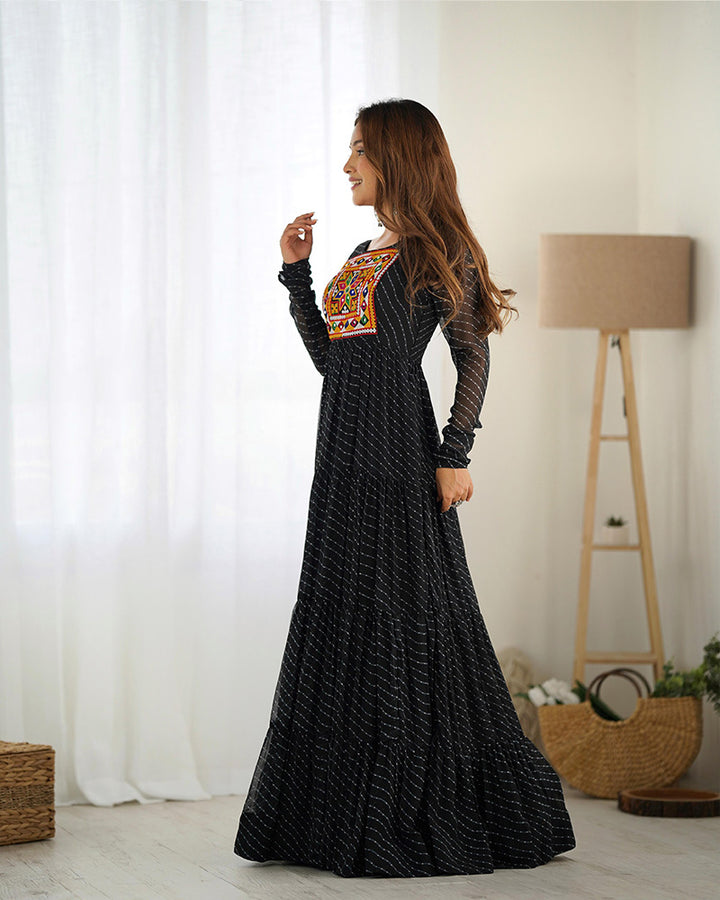 Black Color Georgette Laheriya Print Navratri Gown