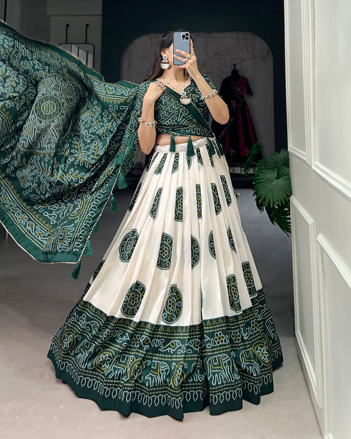 Green Color Tussar Silk Bandhej Printed Lehenga Choli