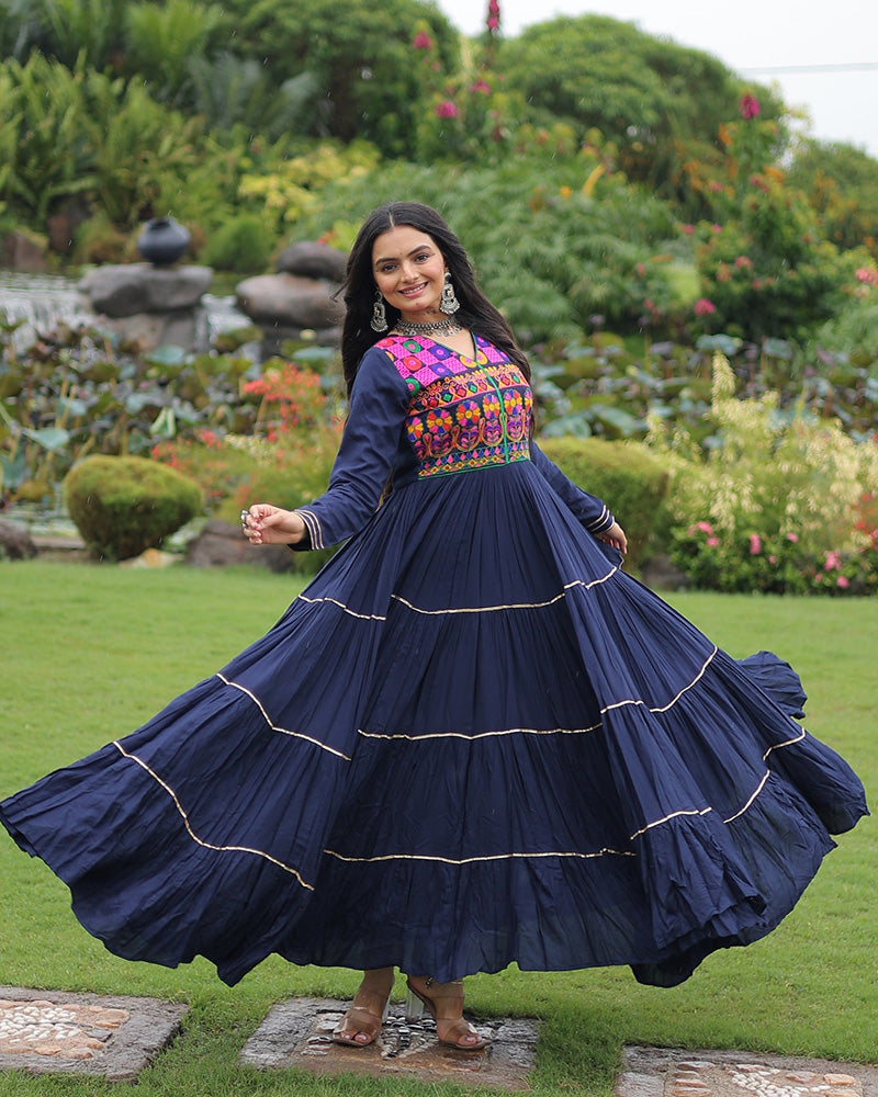Traditional Navy Blue Kutchi Embroidered Navratri Gown