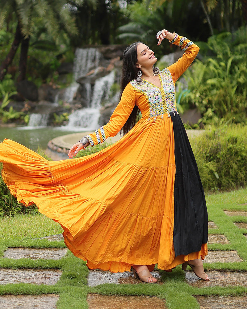 Mustard Color Reyon Gamthi Style Navratri Gown