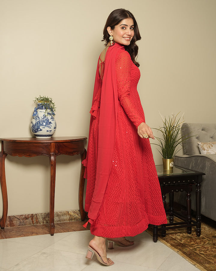 Red Color Georgette Lucknowi Three Piece Anarkali Suit