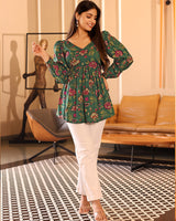 Green Color Pure Cotton Floral Printed Tunic