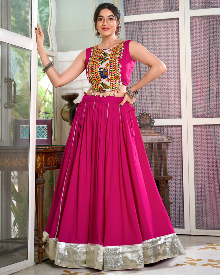 Pink Color Rayon Navratri Cowrie Touch Up Lehenga Choli