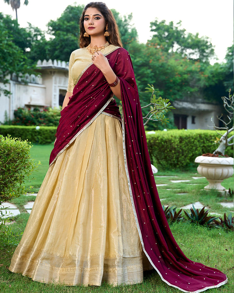 Cream Color Kanchipuram Designer Half Saree