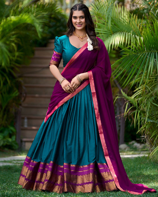Teal Green Color Poly Cotton Zari Weaving Work Half Saree