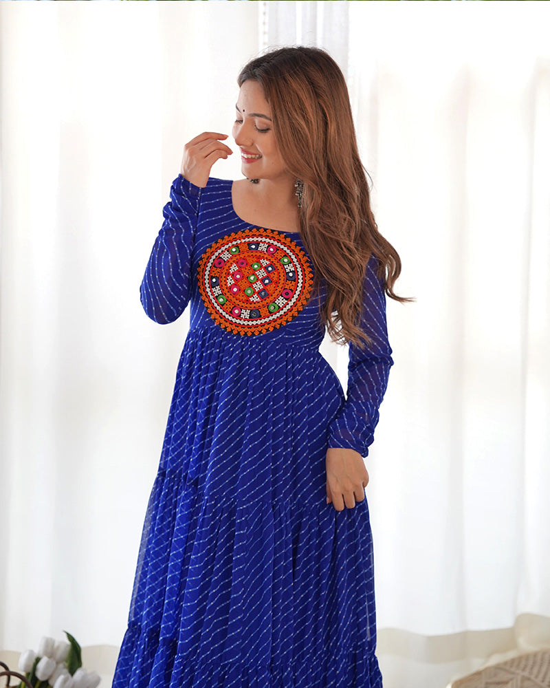 Royal Blue Color Georgette Laheriya Print Navratri Gown