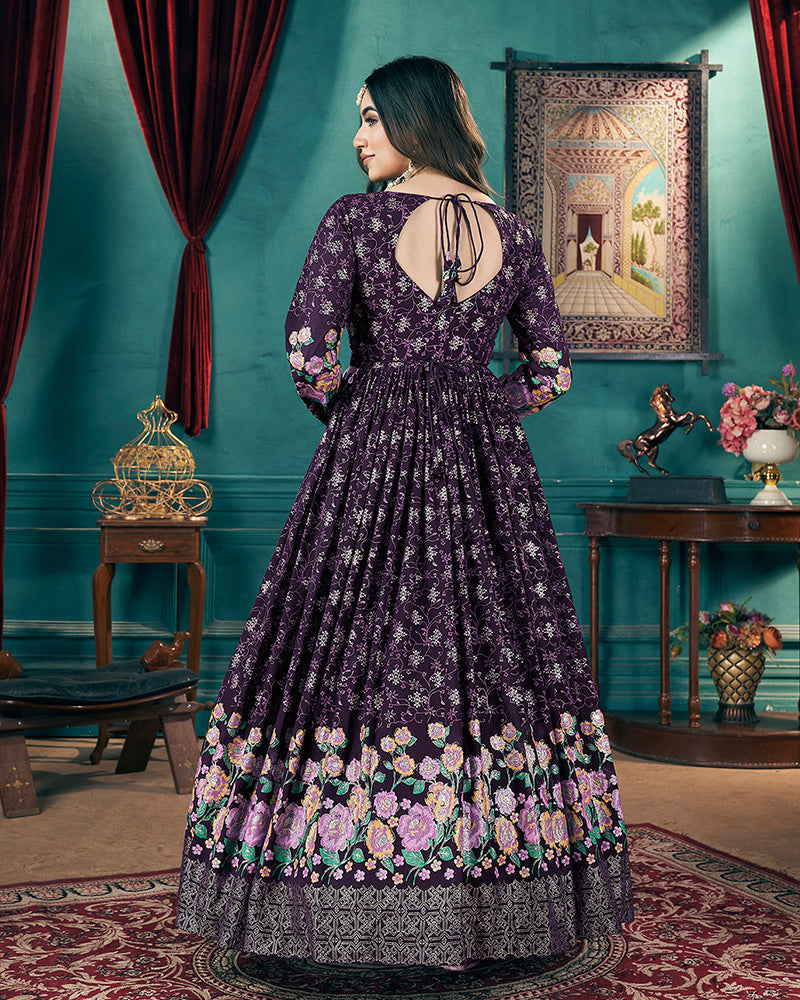 Purple Color Faux Georgette Metalic Foil Work Gown With Dupatta