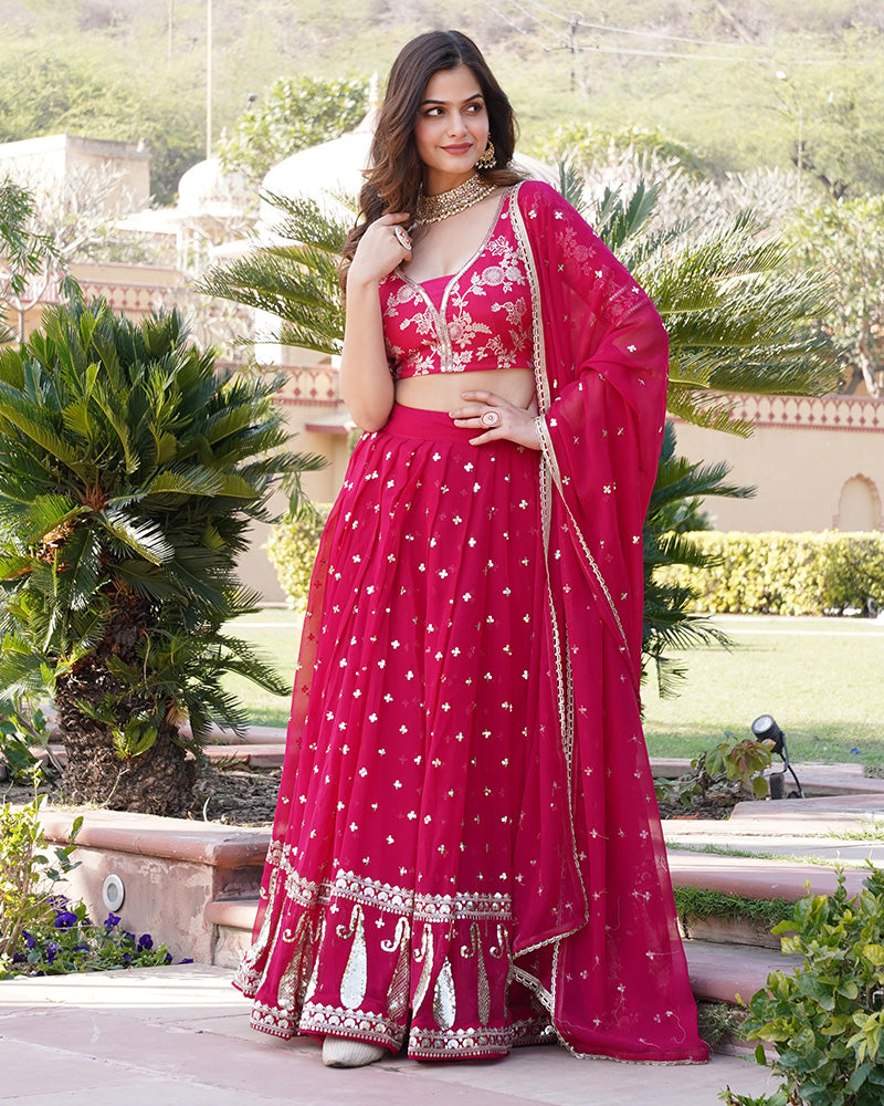Rani Pink Color Sequence Embroidered Faux Blooming Lehenga Choli