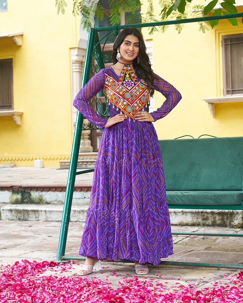 Festive Purple Ethnic Gown With Colorful Mirror Work