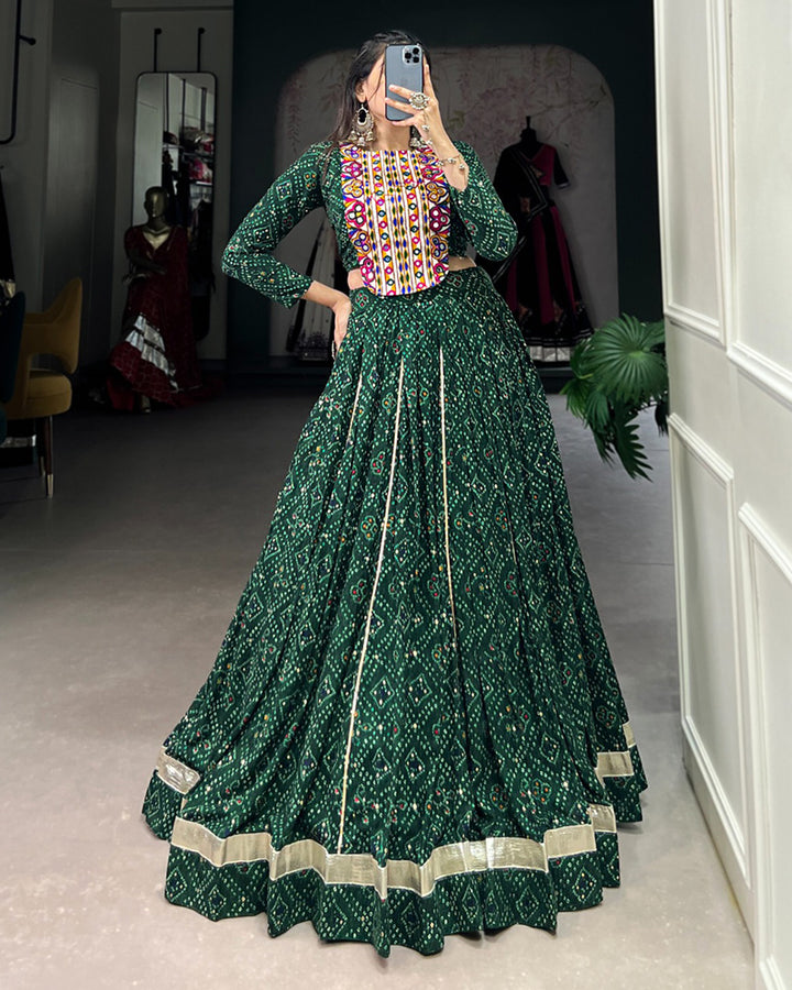 Green Color Rayon Bandhej Print Navratri Lehenga Choli