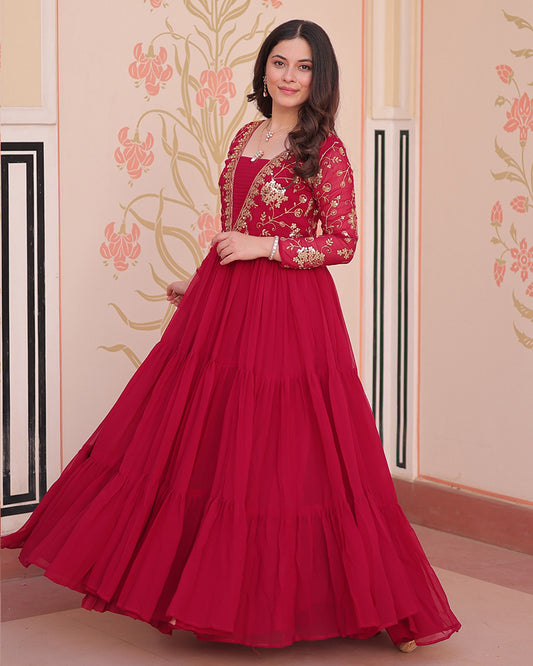 Elegant Rani Pink Floor-Length Gown With Golden Threadwork