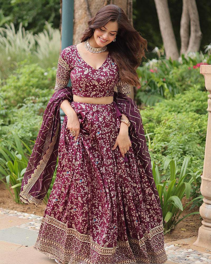 Wine Color Pure Viscose Jacquard Lehenga Choli