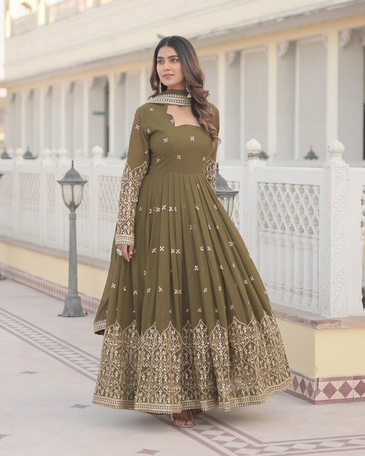 Faux Georgette Mehendi Color Anarkali Gown With Sequence Embroidery Dupatta