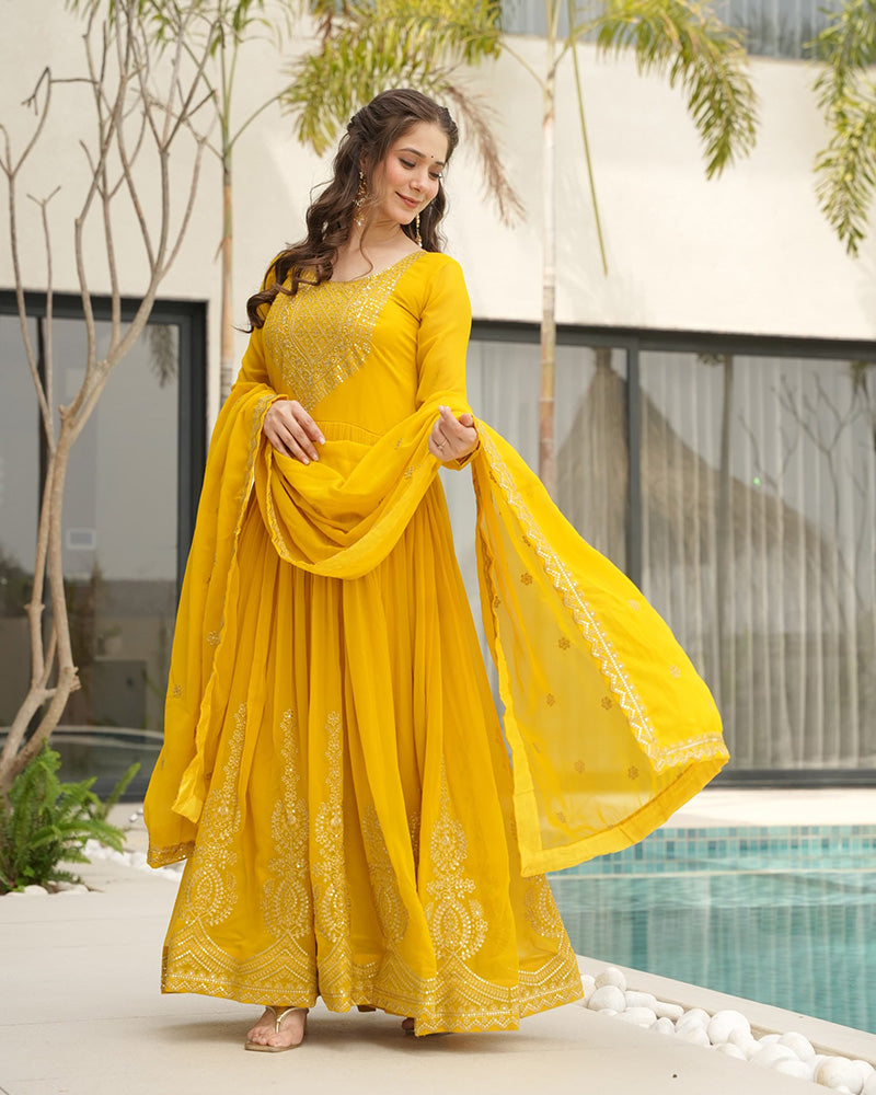 Yellow Color Faux Blooming Embroidered Gown