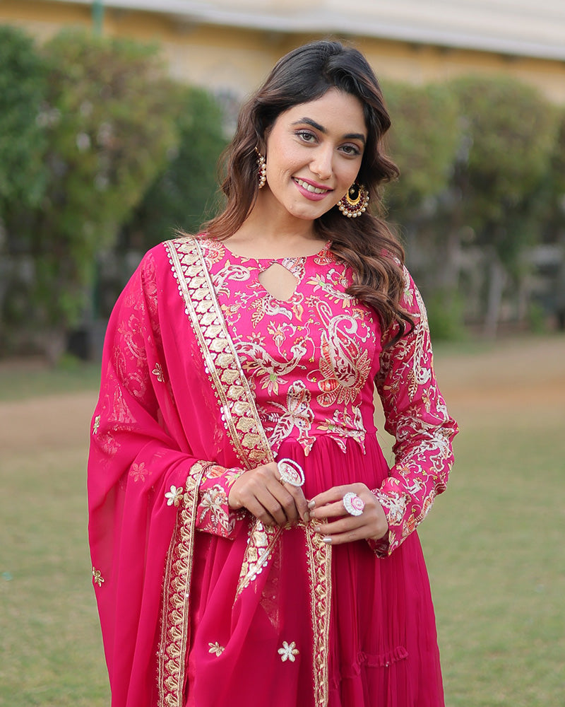 Rani Pink Color Frill Georgette Gown With Dupatta
