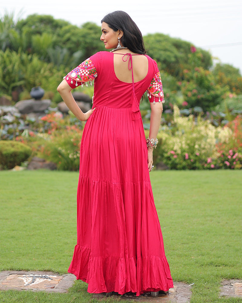 Rani Pink Color Rayon Navratri Gown