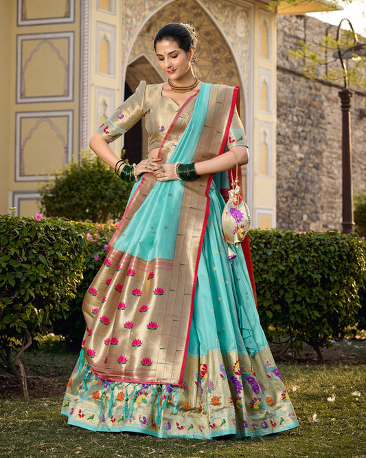 Designer Sky Blue Color Jacquard Paithani silk Half Saree