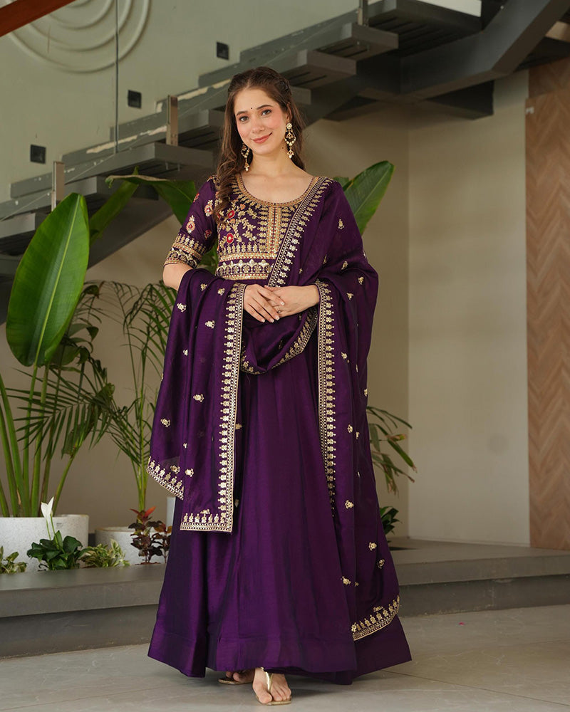 Wine Color Vichitra Silk Embroidered Gown