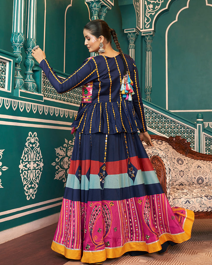 Navy Blue Multi Color Maska Silk Navratri Lehenga Choli