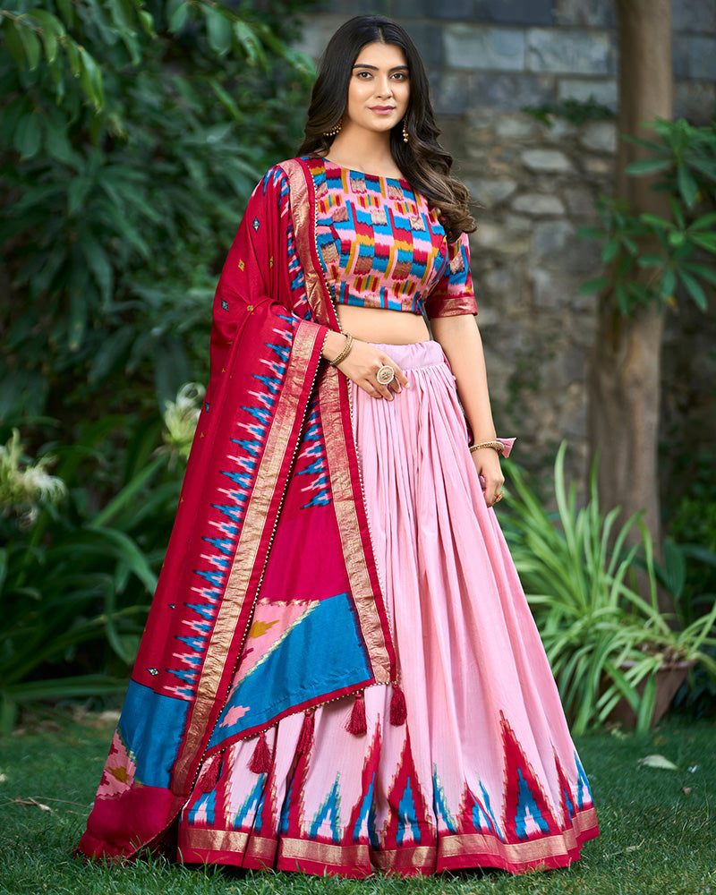 Peach Color Tussar Silk Printed Navratri Lehenga Choli