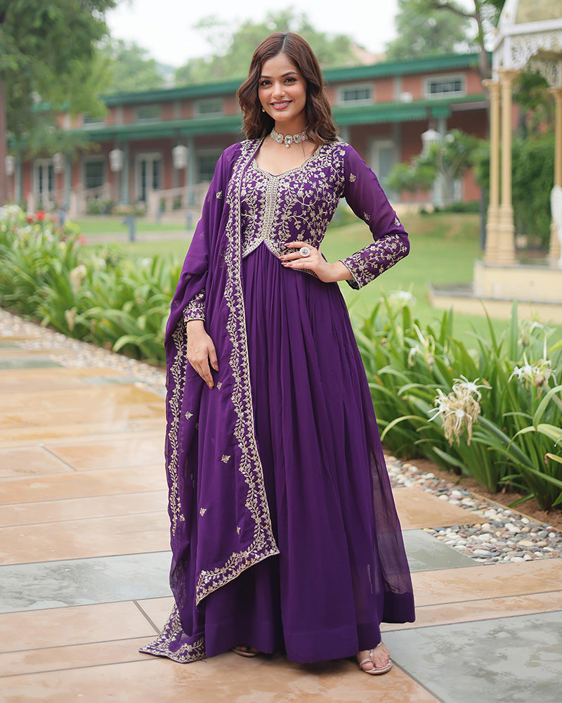 Purple Color Faux Blooming Multi Embroidered Work Gown