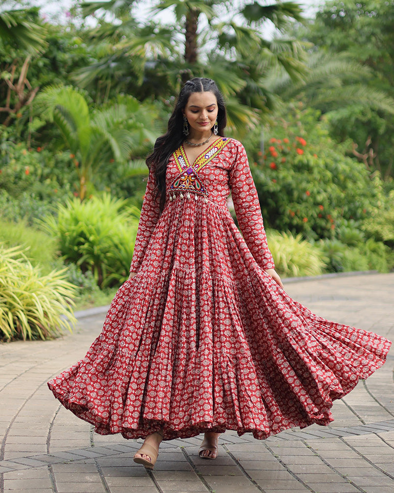 Maroon  Color Cotton Gamthi Work Navratri Gown