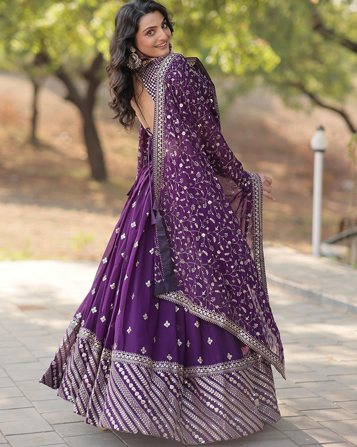 Wedding Wear Dark Purple Color Blooming Lehenga Choli