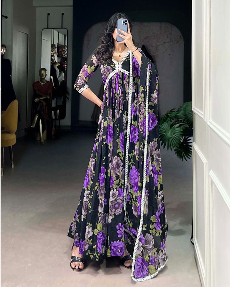 Black And Purple Color Floral Printed Georgette Gown