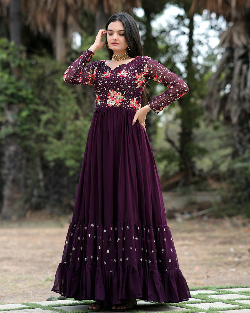 Wine Color Designer Thread Embroidery Anarkali Gown