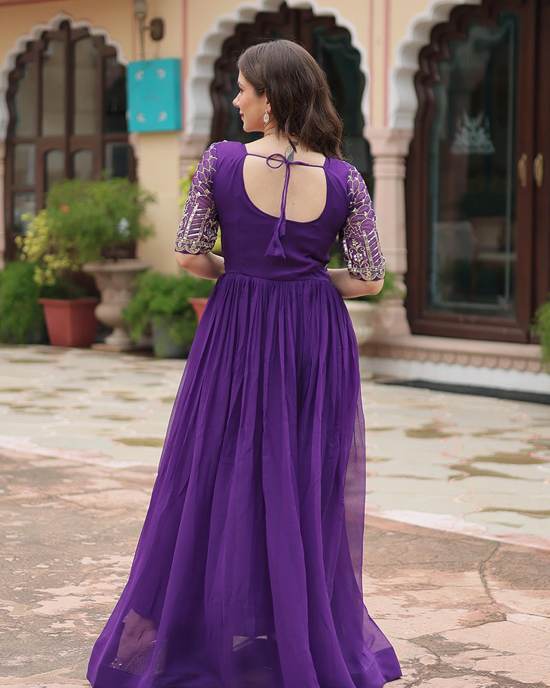 Purple Color Faux Blooming Embroidered Sequence Gown