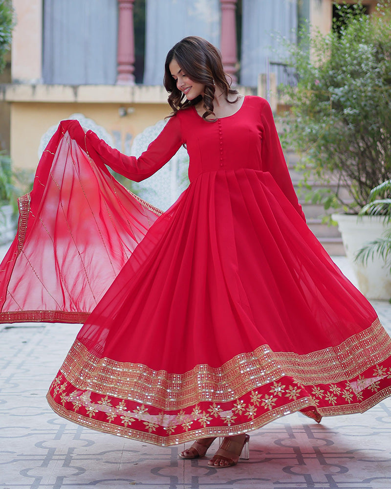 Exclusive Red Color Attractive Sequence Embroidery Work Gown