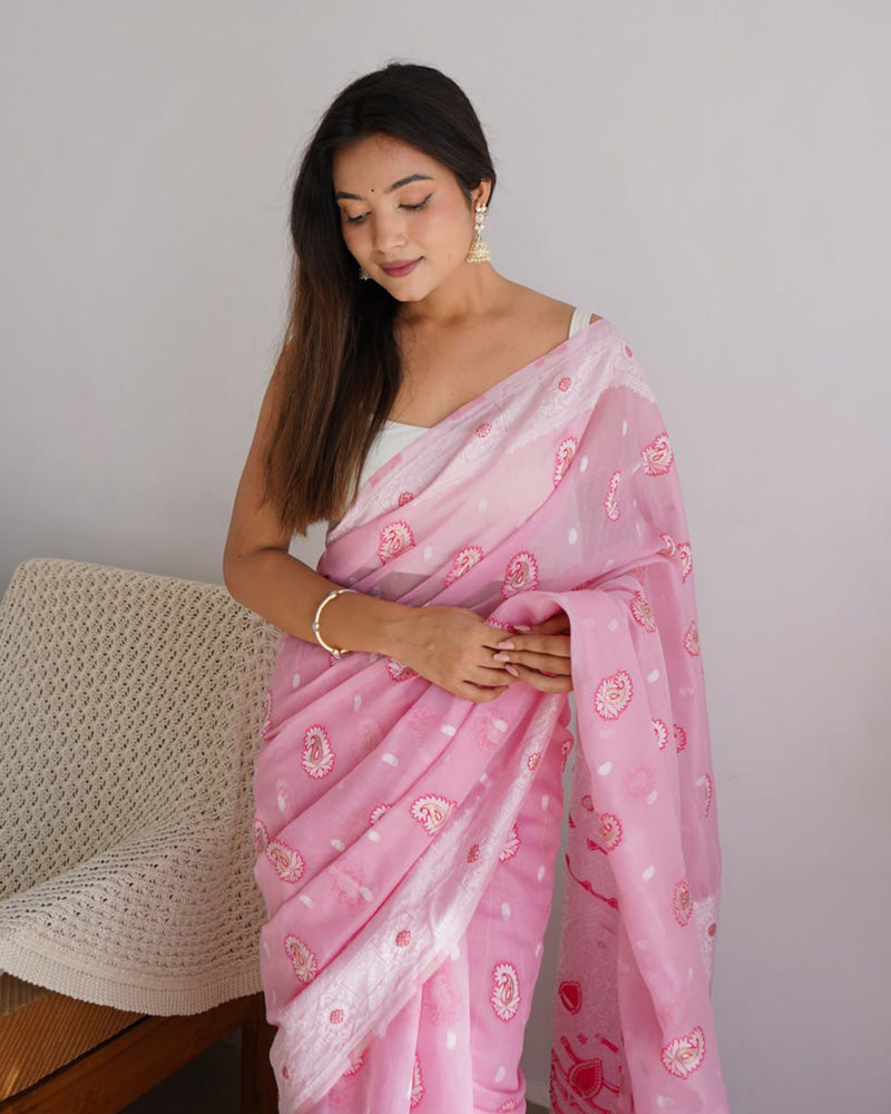 Beautiful Pink Color Soft Cotton Saree
