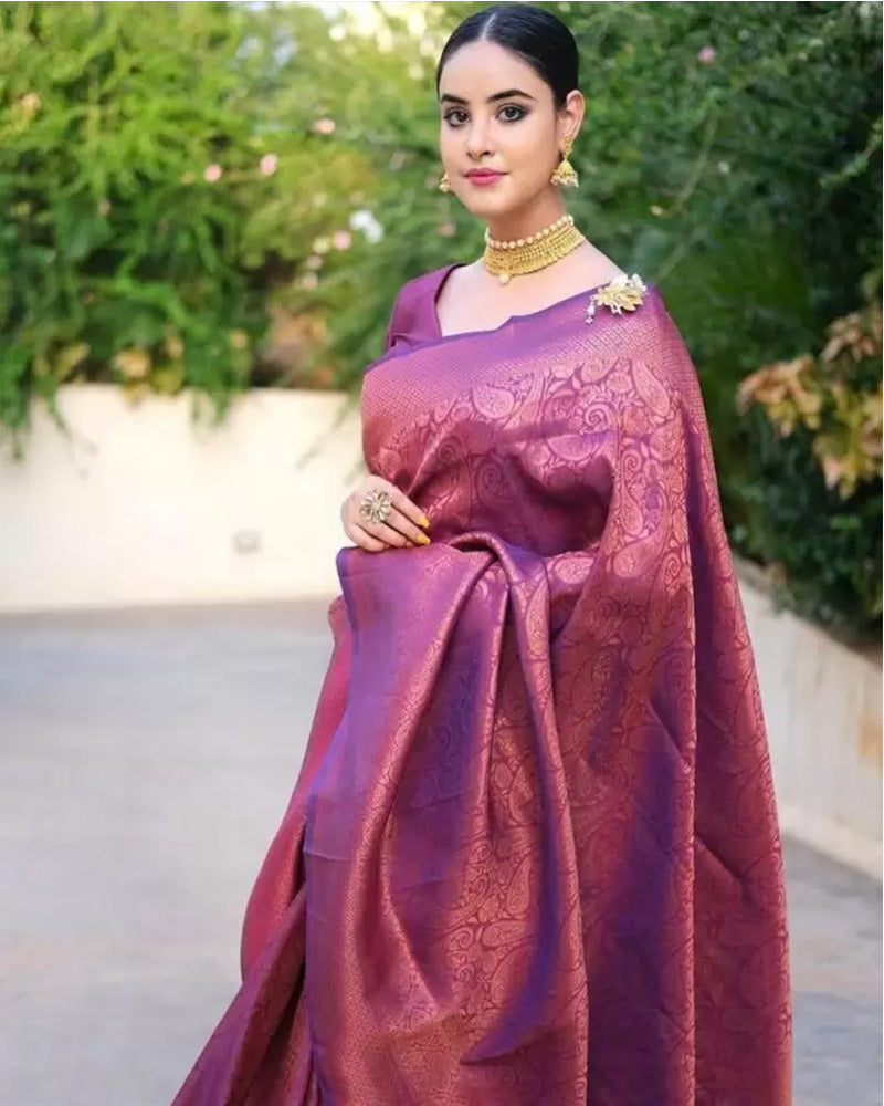 Wine Color Banarasi Soft Silk Saree