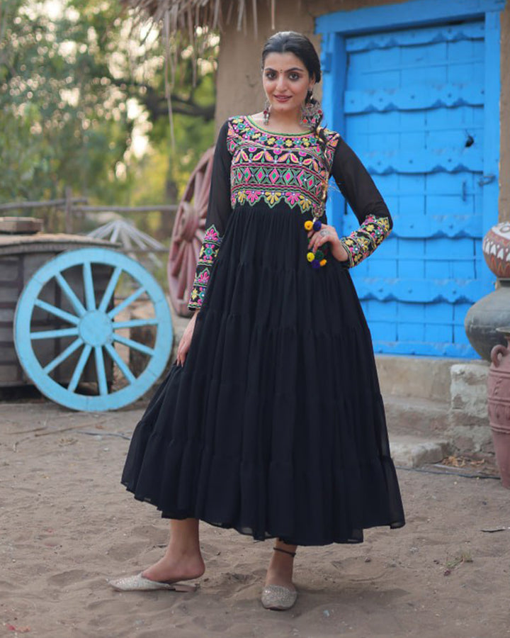 Black Color Blooming Ruffle Style Navratri Gown