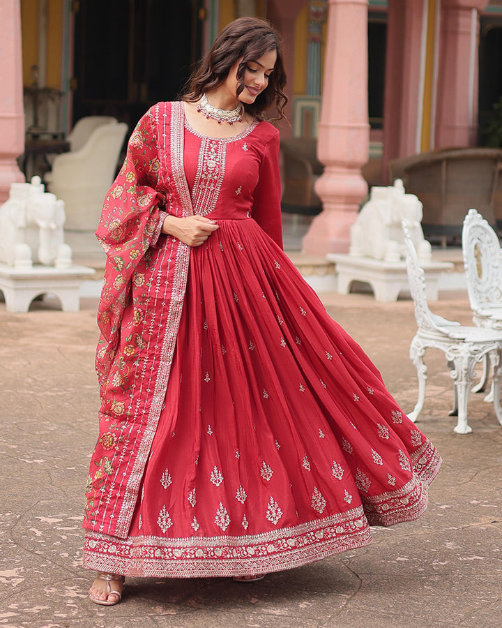 Maroon Color Chinnon Sequence Embroidered Gown