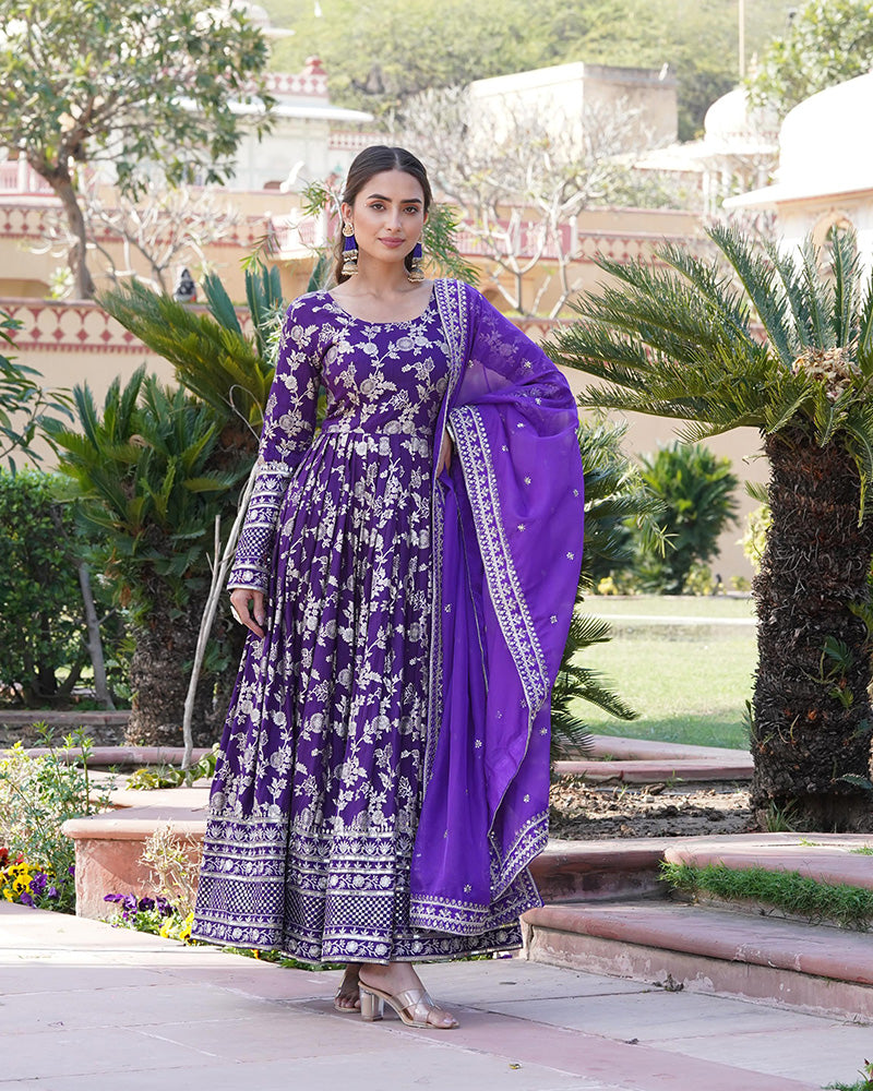 Designer Purple Color Sequence embroidered Viscose Jacquard Gown With Dupatta