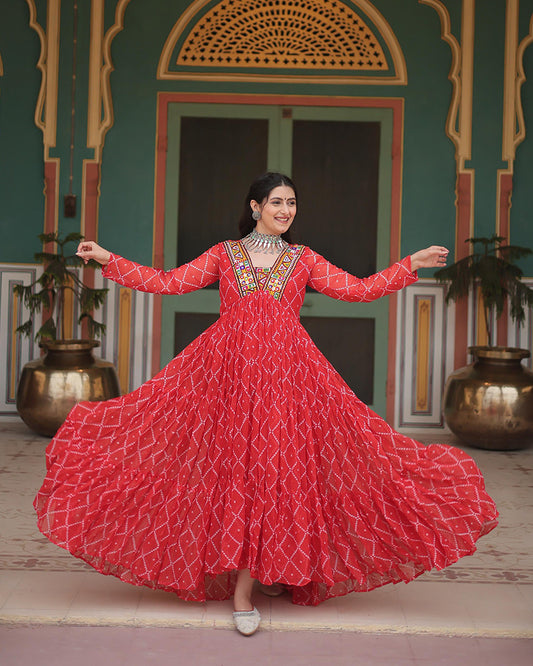 Orange Color Georgette Bandhej Print Navratri Gown