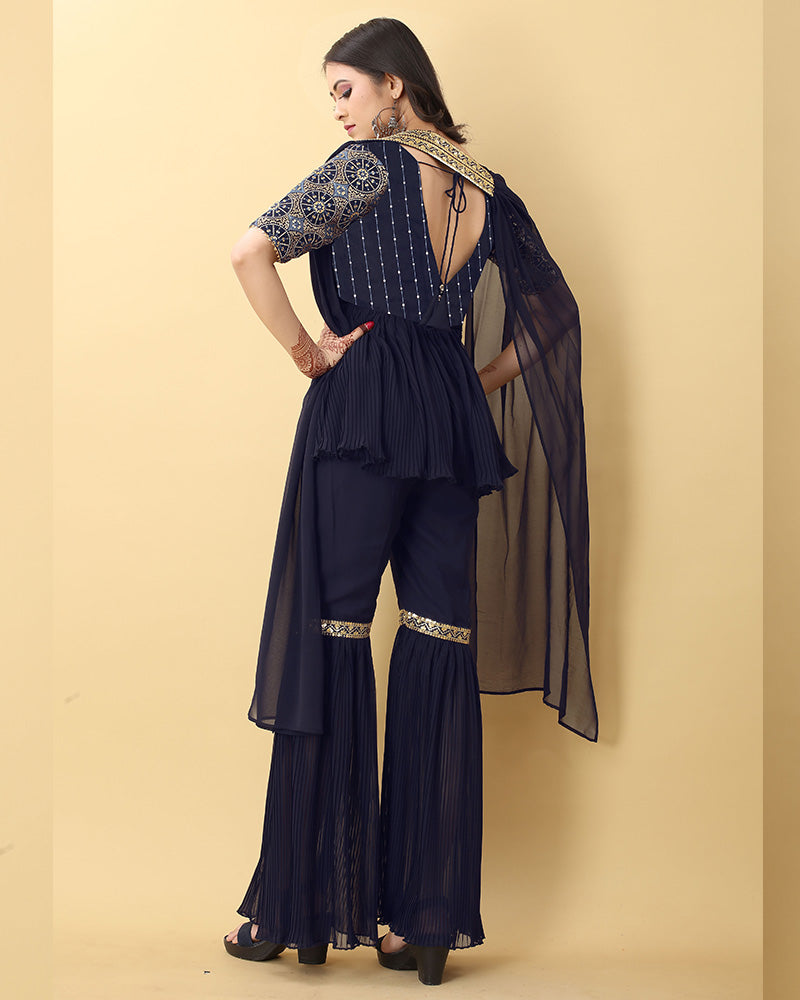 Navy Blue Color Georgette Embroidery work Three Piece Sharara Suit