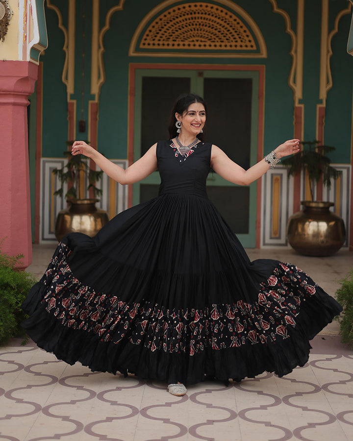 Black Color Reyon Printed Navratri Gown