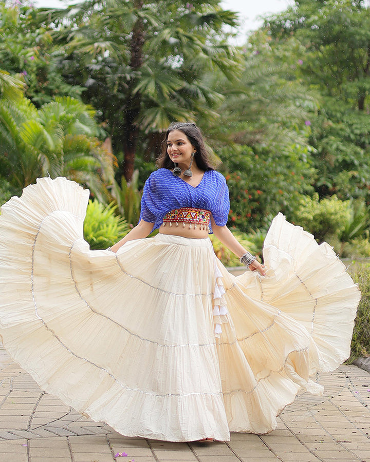 White Color Kora Cotton Lehenga With Blue Choli