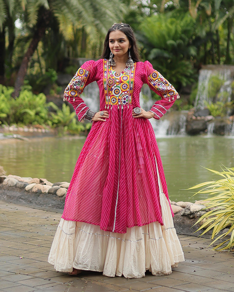 White Color Kora Cotton Lehenga With Pink Kurti