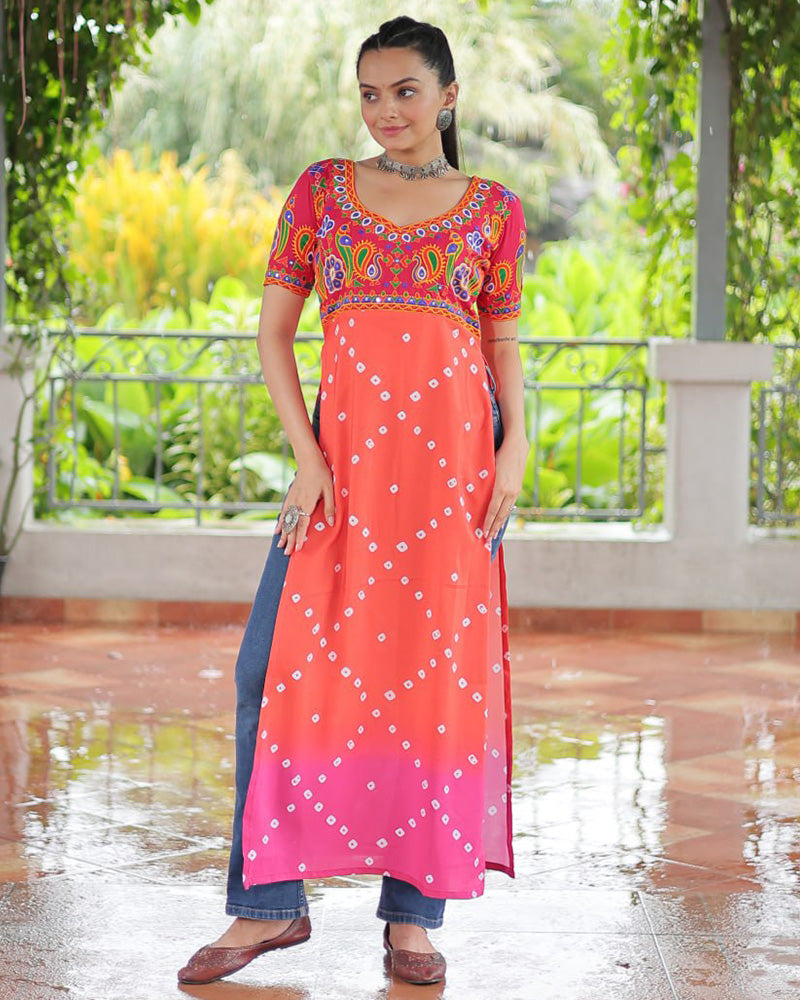 Traditional Orange Pink Color Bandhani Print Navratri Kurti