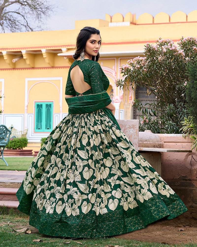 Green Color Tussar Silk Floral And Foil Printed Navratri Lehenga Choli