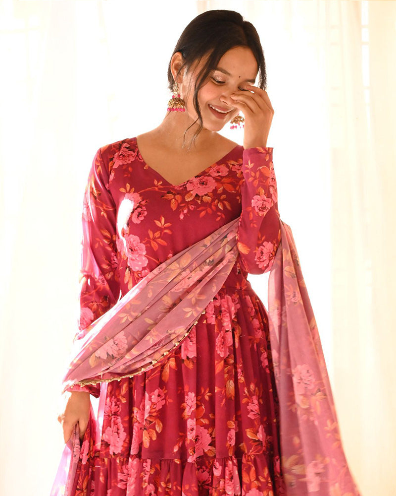 Beautiful Rose Pink Color Three Layer Georgette Printed Gown
