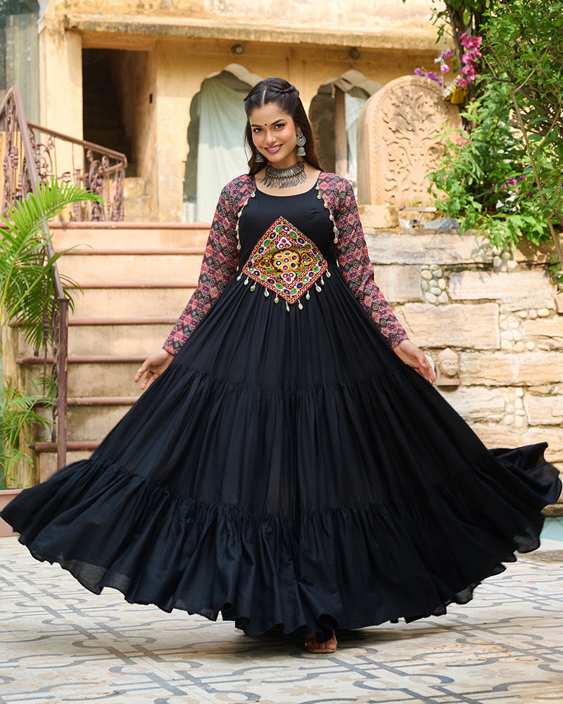 Classic Black Mirror Embroidered Rayon Gown For Navratri