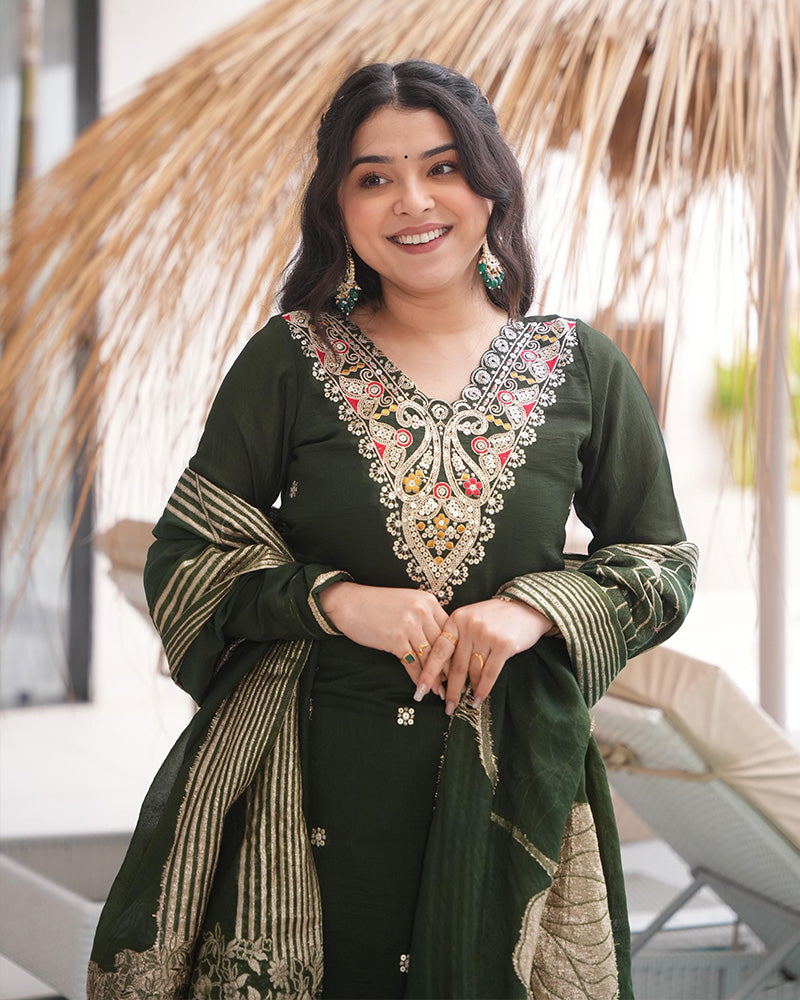 Green Color Roman Silk Embroidered Three Piece Kurti Suit