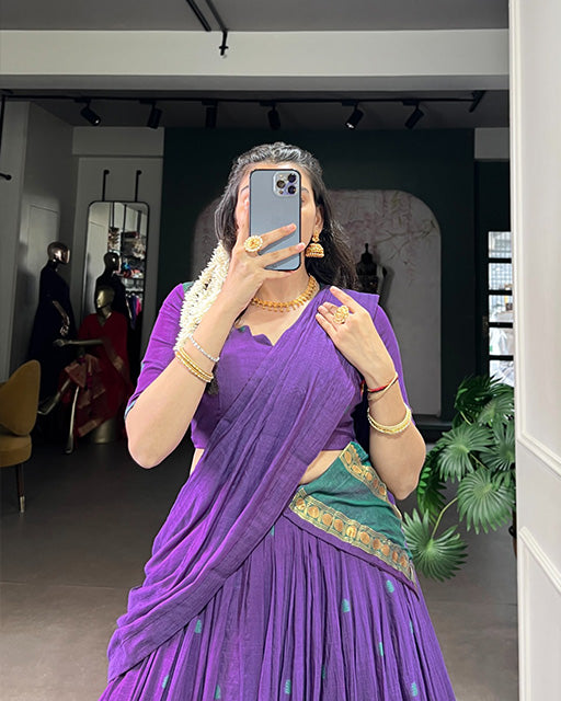 Elegant Purple Chanderi cotton half saree lehenga choli