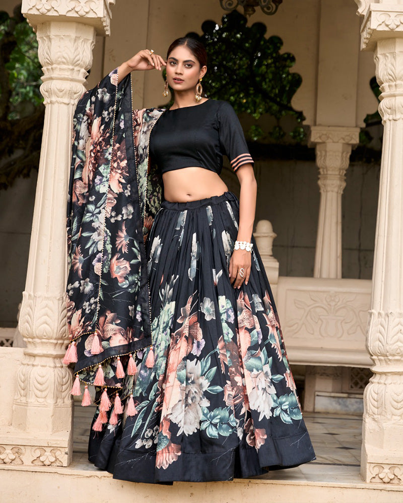 Black Color Tussar Silk Floral Printed Lehenga Choli