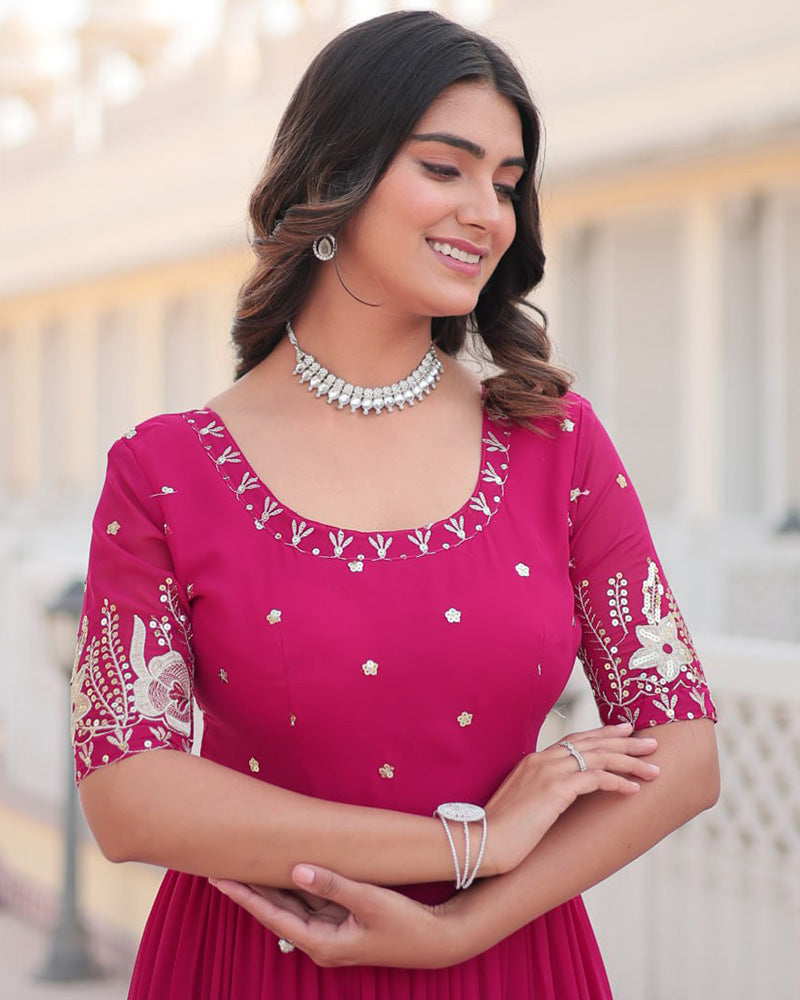 Pink Color Four Layer Georgette Embroidered Gown TANHAI Pink Color Four Layer Georgette Embroidered Gown TANHAI
