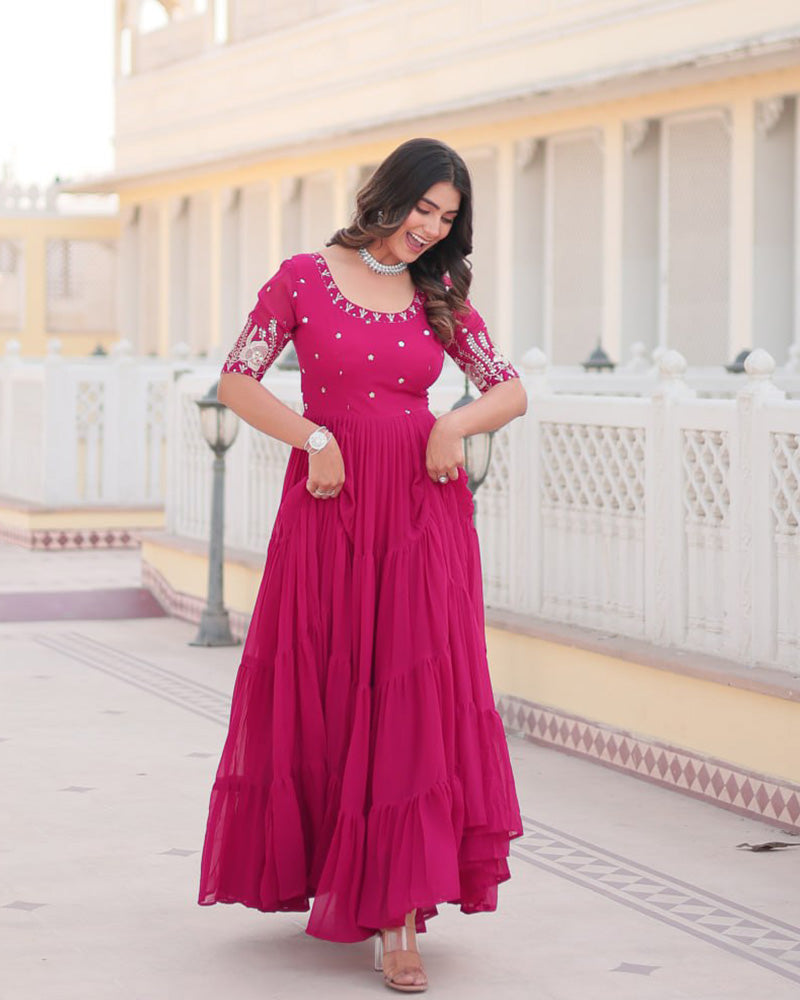Pink Color Four Layer Georgette Embroidered Gown